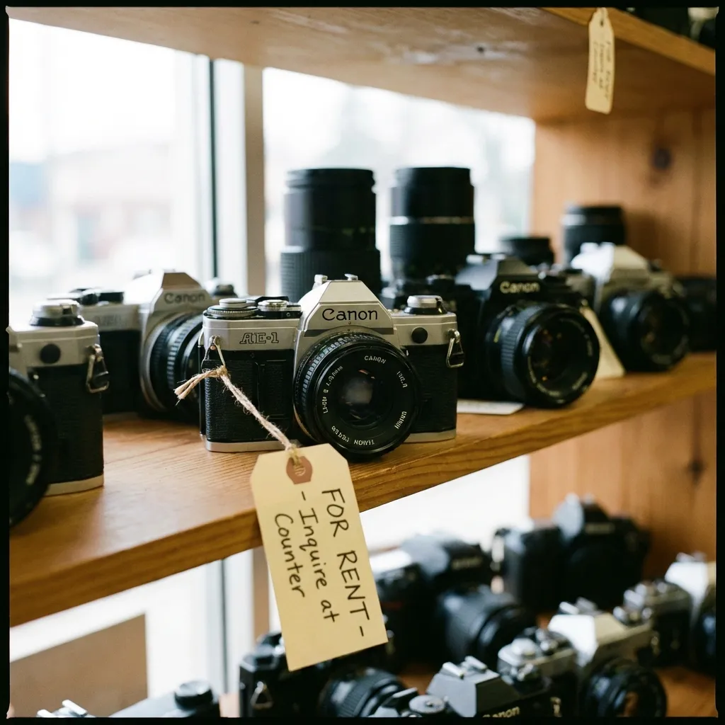 A shelf of vintage Canon AE-1 film cameras available for rent at Space Coast Camera in Indialantic, featuring a &ldquo;For Rent&rdquo; tag for local photography equipment rentals.