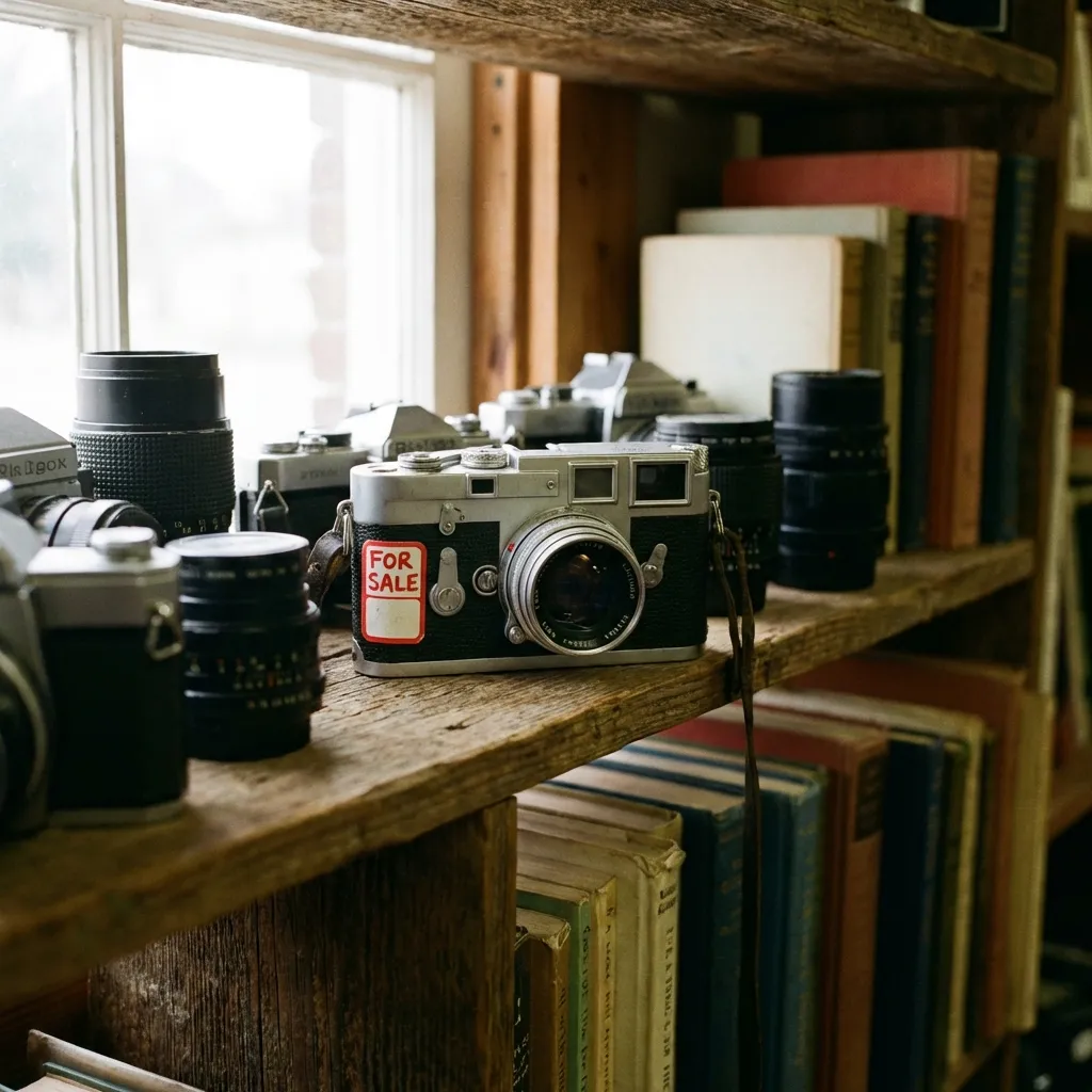 A vintage Leica-style film camera with a &ldquo;For Sale&rdquo; tag on a wooden shelf, representing the selection of used cameras and photography gear for sale at Space Coast Camera.