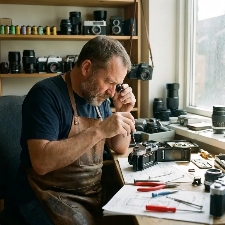 Camera repair specialist at Space Coast Camera performing technical troubleshooting and maintenance on a vintage film camera in a professional workshop.
