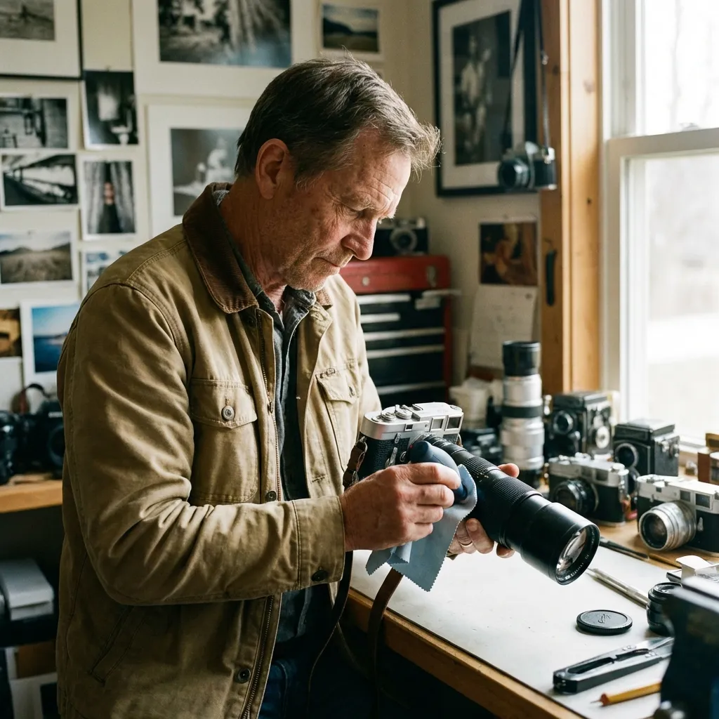 Professional camera and lens cleaning service at Space Coast Camera in Indialantic, showing a specialist carefully cleaning a camera lens in a workshop.