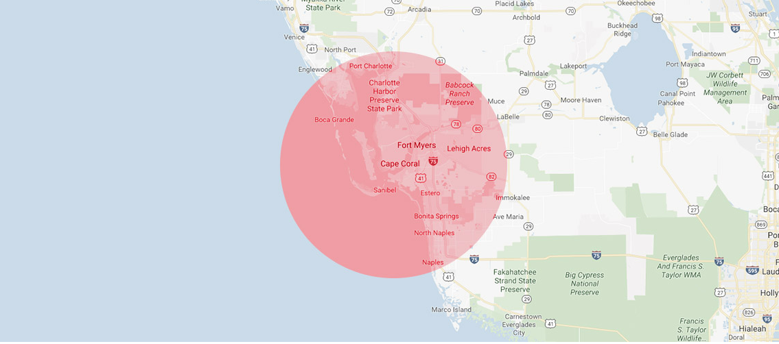 Map of Southwest Florida showing Roy's service area covering Fort Myers, Cape Coral, Lehigh Acres, Estero, Bonita Springs and Naples