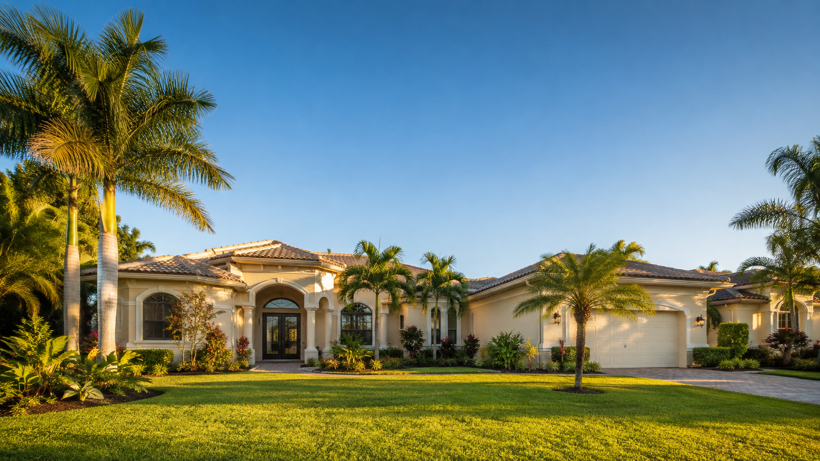 Southwest Florida home with a tile roof, palm trees and a landscaped lawn in late afternoon light