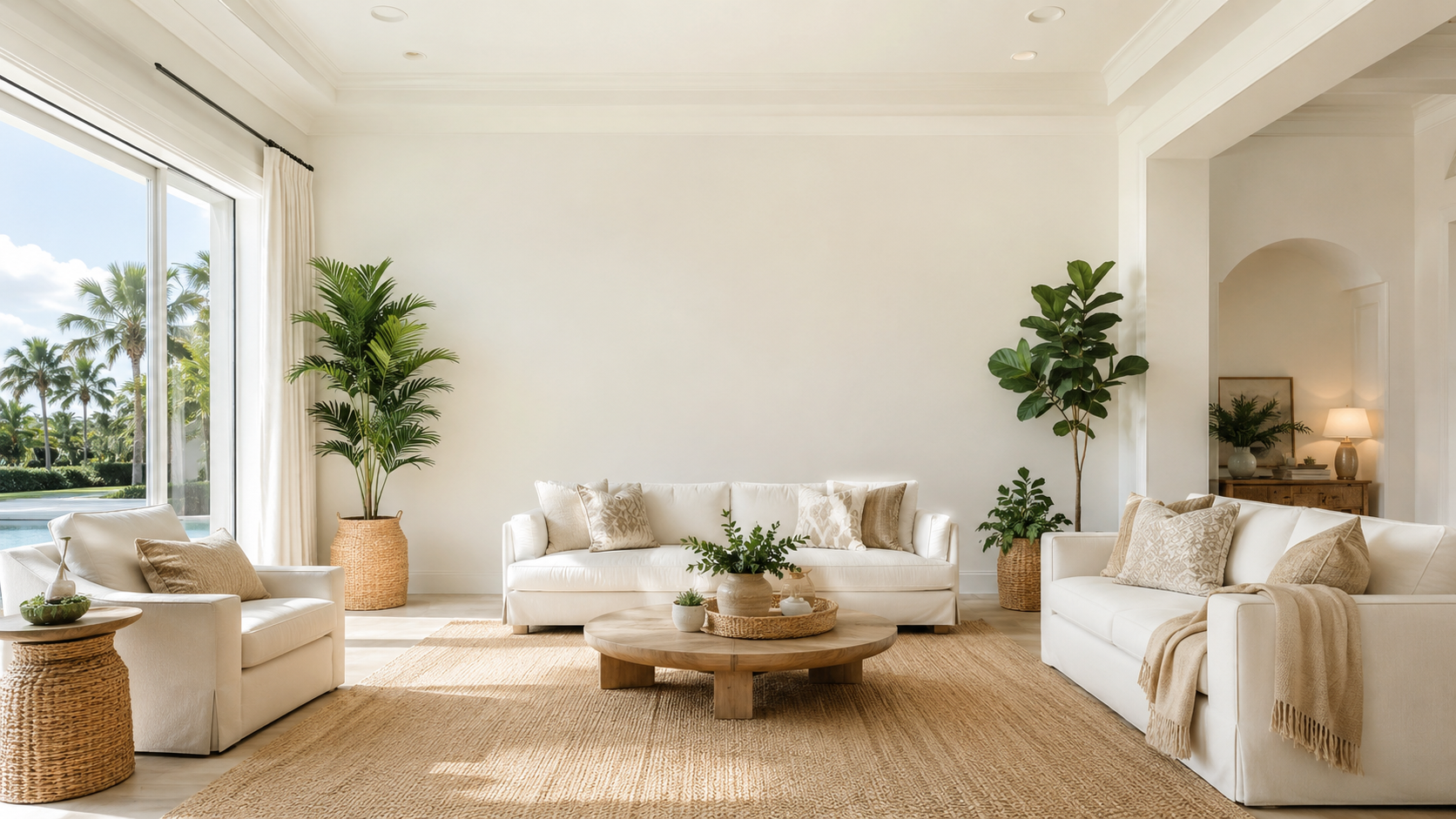 Bright, clean living room with large windows and houseplants