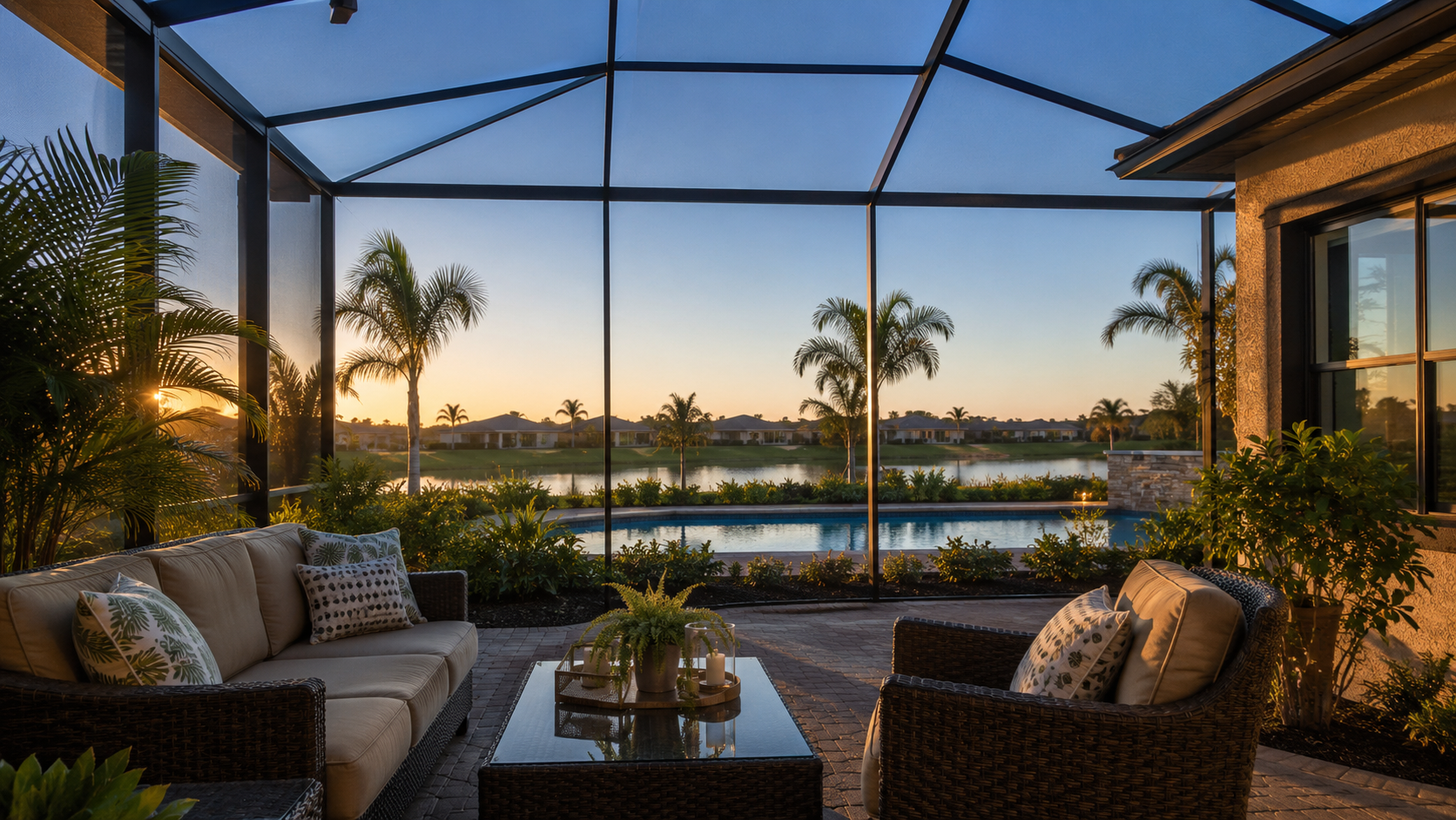 Screened lanai porch at the back of a Florida home with a pool and tropical plants