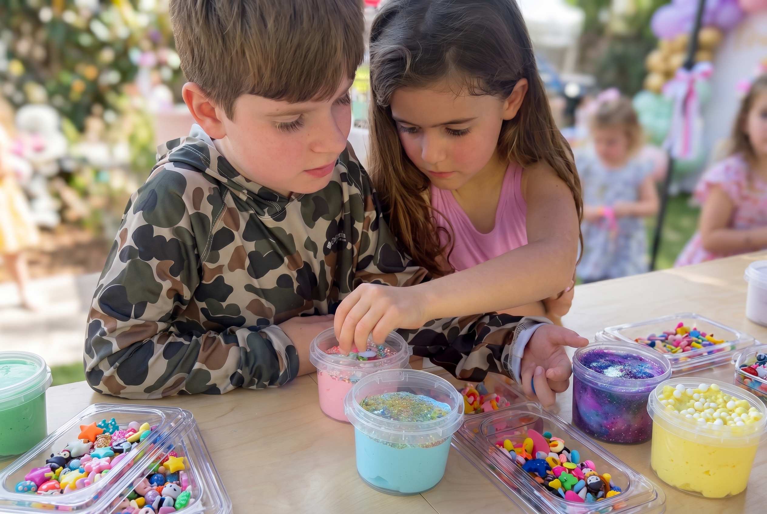 Two kids decorating their custom slime with colorful charms at the Slime Bar