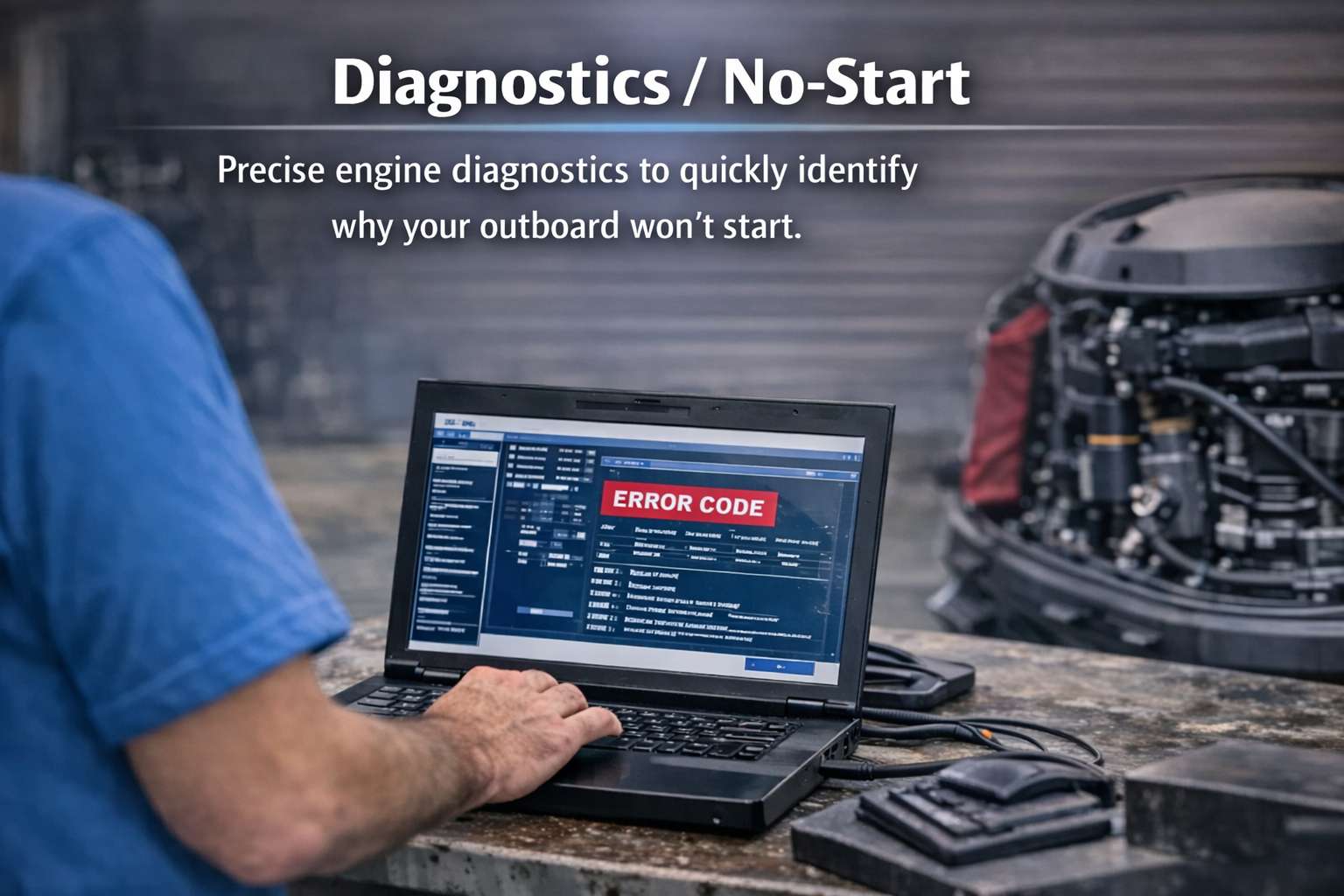 Marine mechanic using a laptop to run precise engine diagnostics and clear error codes on a Yamaha outboard motor.
