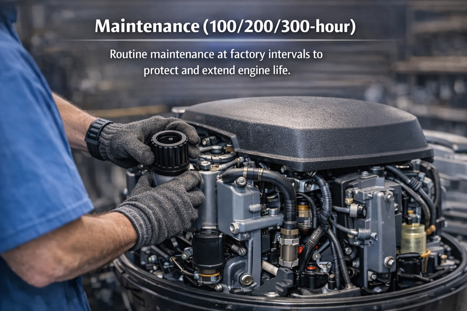 Close-up of a marine mechanic performing routine maintenance on a Yamaha outboard motor at a factory-specified interval.