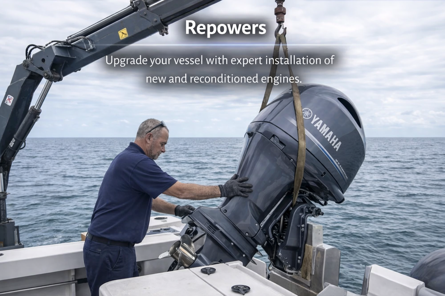 A marine mechanic using a crane to carefully install a new Yamaha outboard motor during a vessel repower service on the open water.
