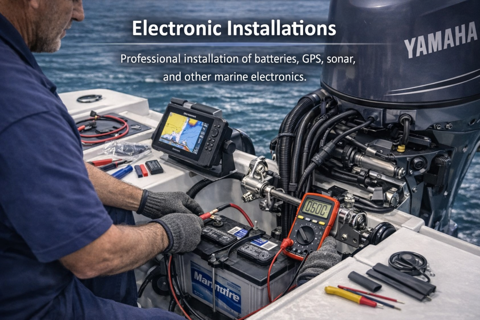 A marine technician professionally installing batteries and a GPS sonar system on a boat near a Yamaha outboard motor.