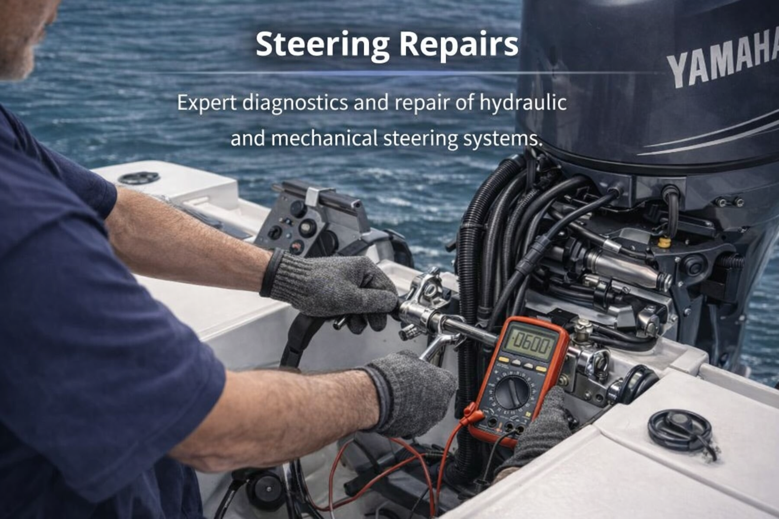A marine mechanic performing expert diagnostics and repair on a boat's hydraulic steering system next to a Yamaha outboard motor.