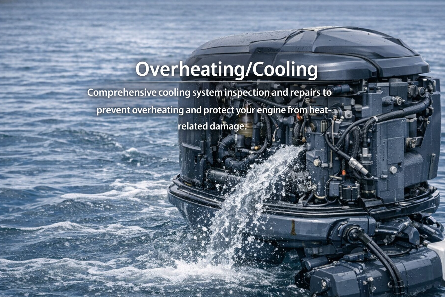 A Yamaha outboard engine with the cowling removed undergoing a cooling system test on the water to prevent overheating.