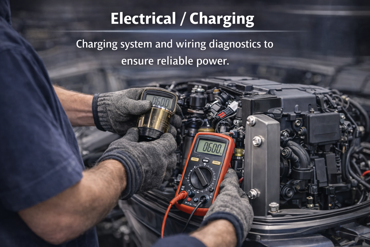 A marine mechanic using a digital multimeter to perform precise charging system and wiring diagnostics on an outboard engine.