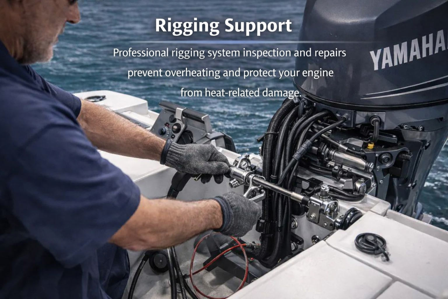 A marine technician performing professional rigging assistance and alignment on a boat to ensure smooth system operation.