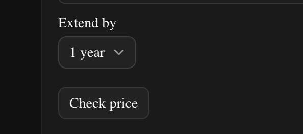 Domain renewal screen showing an 'Extend by' dropdown set to 1 year with a Check price button