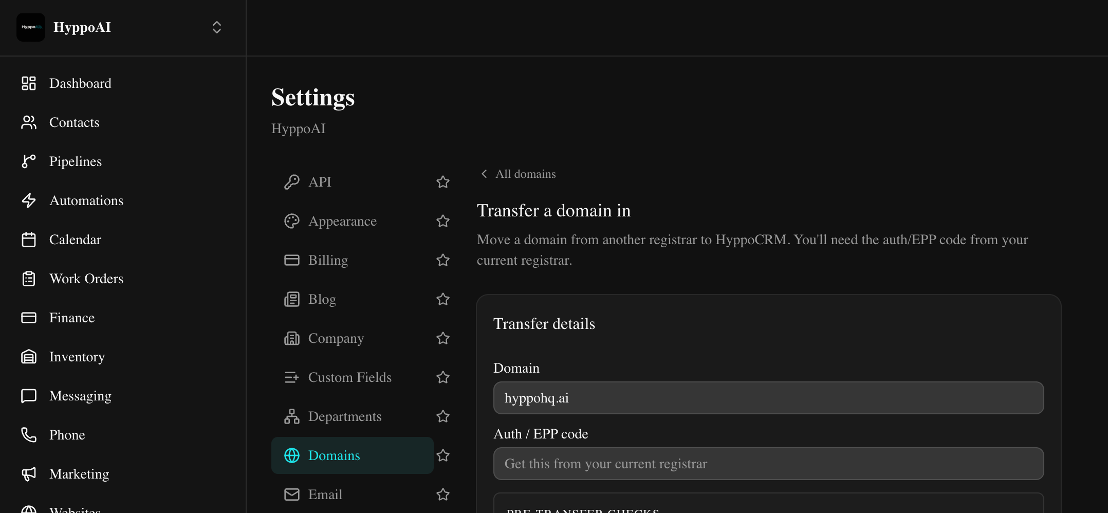 HyppoCRM domains panel showing the Transfer a domain in screen for hyppohq.ai with an Auth / EPP code field