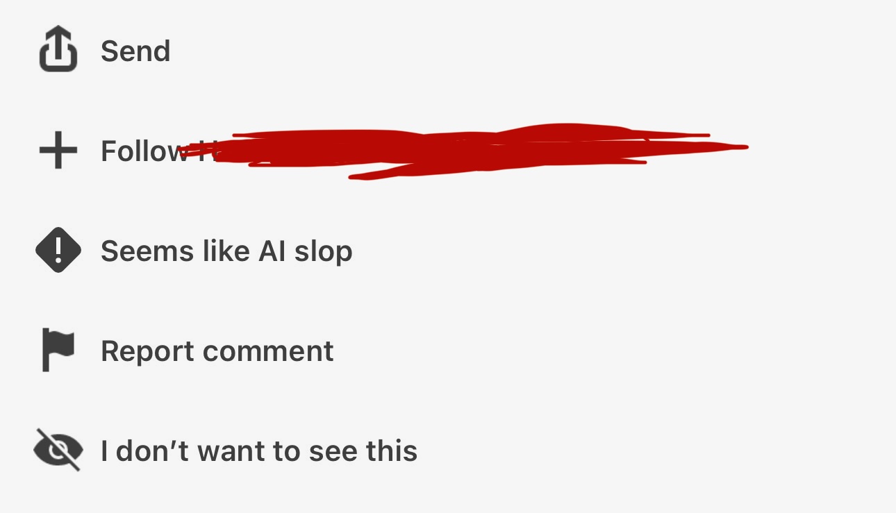LinkedIn comment menu showing a 'Seems like AI slop' report option alongside Follow, Report comment, and I don't want to see this