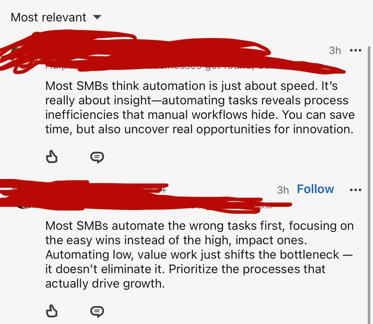 Two nearly identical LinkedIn comments about SMB automation, both using the same 'it's not about X, it's about Y' template, names redacted