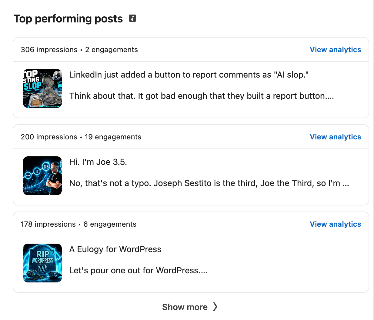 LinkedIn top performing posts: Stop Posting AI Slop at 306 impressions, the Joe 3.5 intro at 200 impressions, and A Eulogy for WordPress at 178 impressions