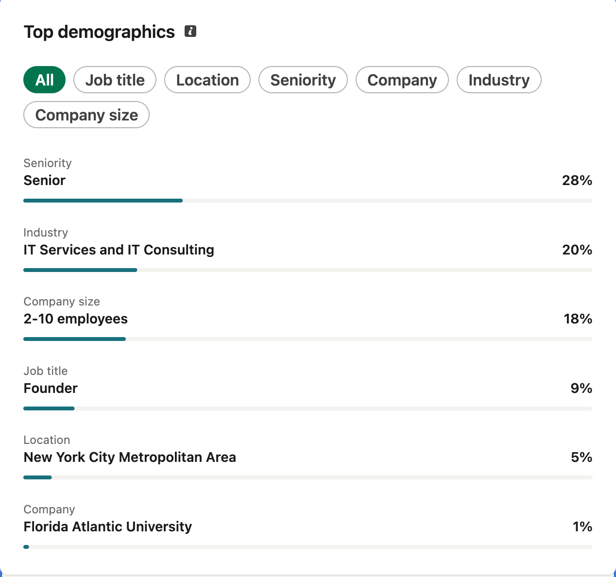 LinkedIn top demographics: 28% senior seniority, 20% IT services and consulting, 18% companies with 2-10 employees, 9% founders, 5% New York City metro, and Florida Atlantic University at 1%