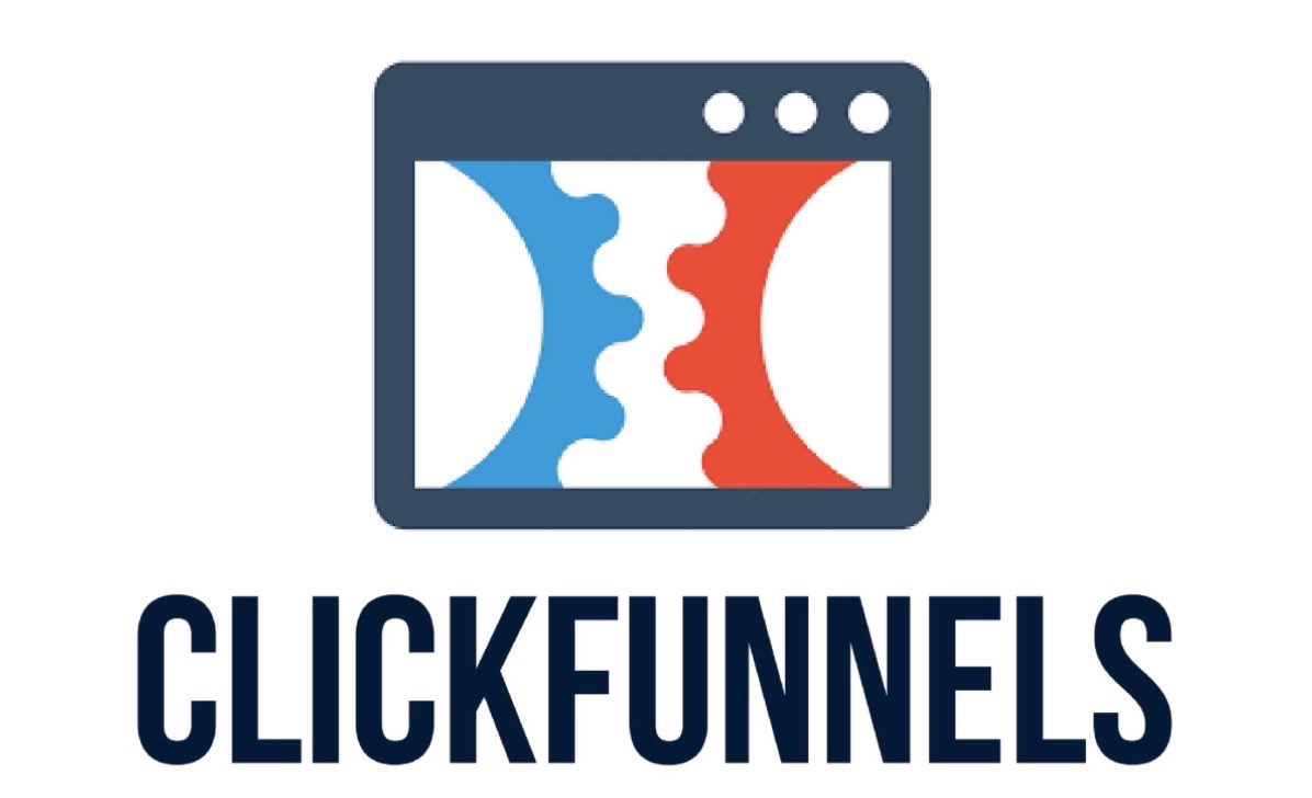 ClickFunnels logo: a stylized browser window with interlocking blue and red gear shapes above the word CLICKFUNNELS in bold dark blue capitals