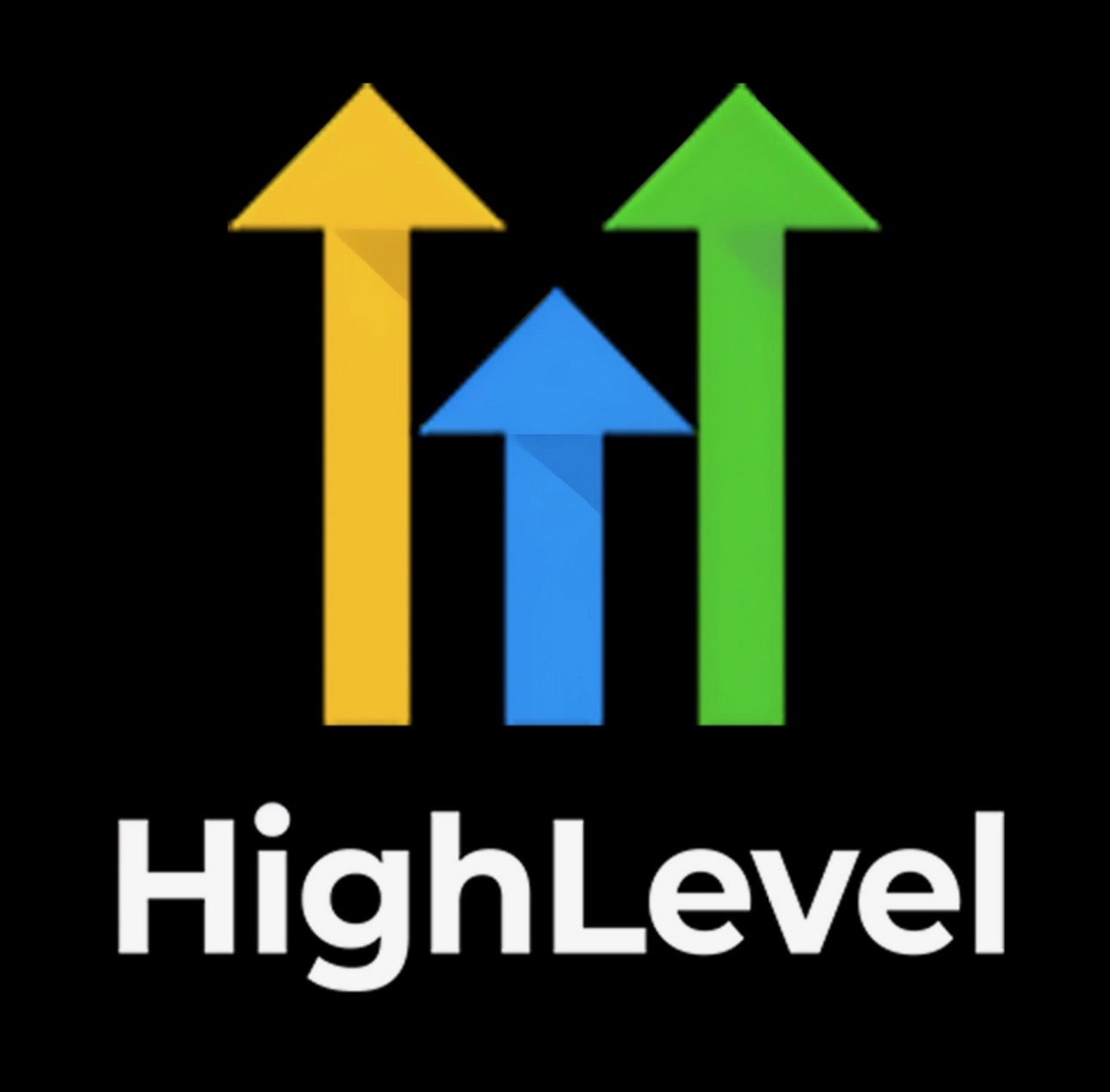 The HighLevel logo: three upward-pointing arrows in yellow, blue and green above the word HighLevel in white on a black background
