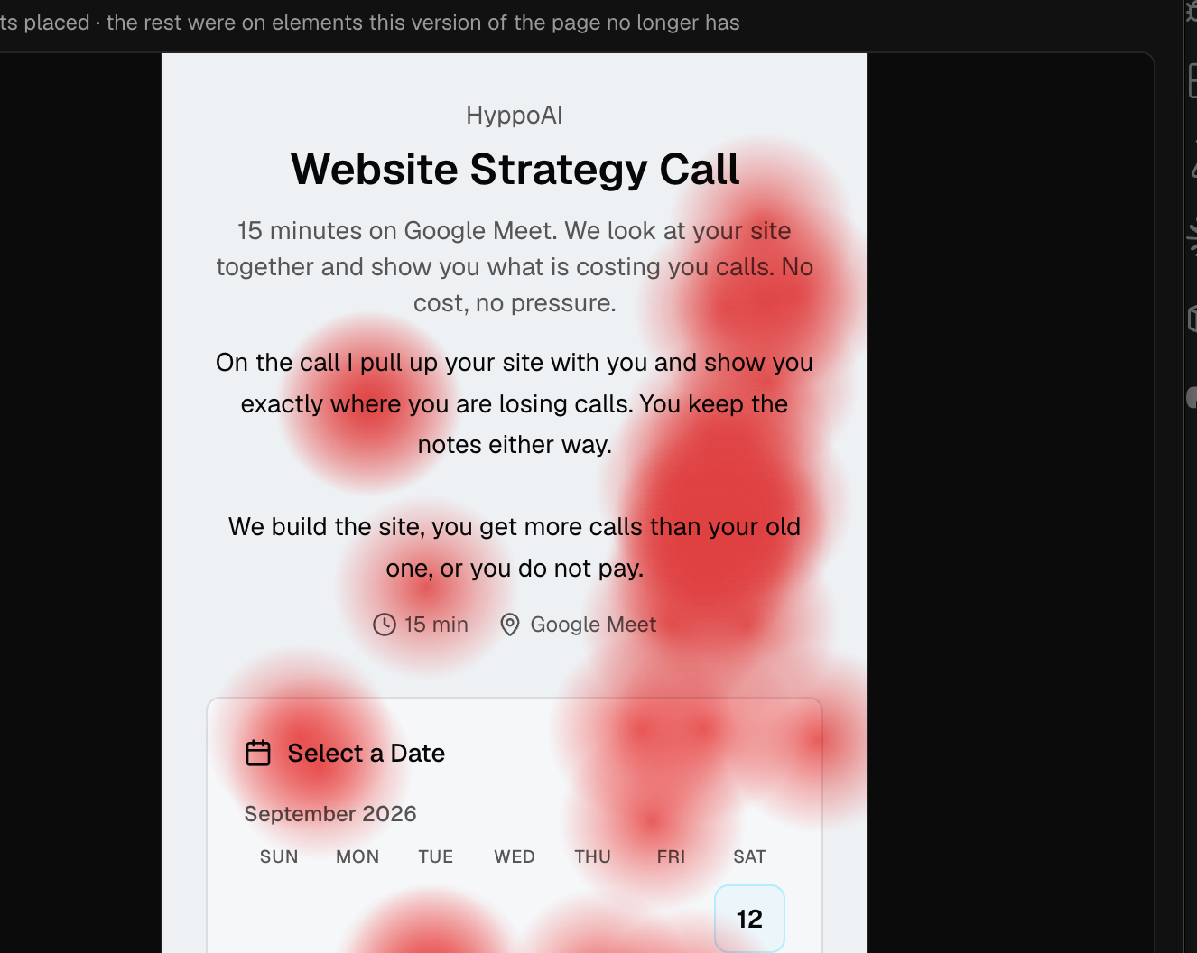 HyppoAI Website Strategy Call booking page with a heat map overlay. Red click marks cluster on the descriptive copy near the top of the page, including the phrases pull up your site and where you are losing calls, while the September 2026 date picker sits lower on the page with the 12th highlighted.