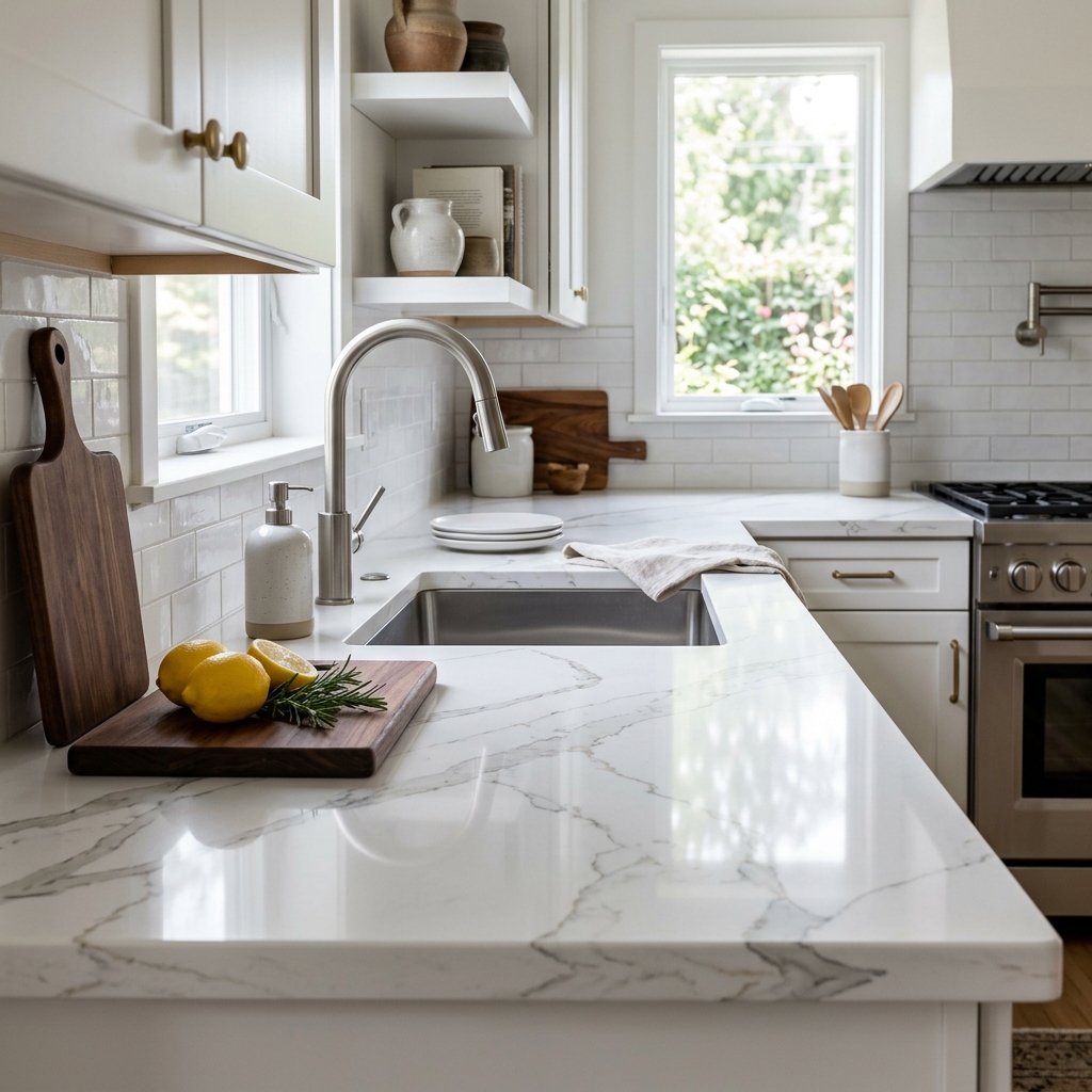 Minimalist kitchen interior design by Mayan Design Studio with natural wood accents, white subway tile backsplash, and bright window lighting.
