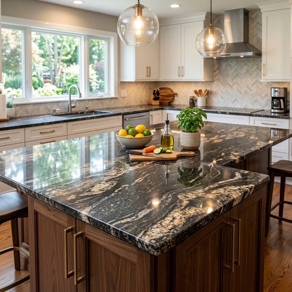 Modern farmhouse kitchen design with gold hardware, globe pendant lights, and a spacious walnut wood island base.