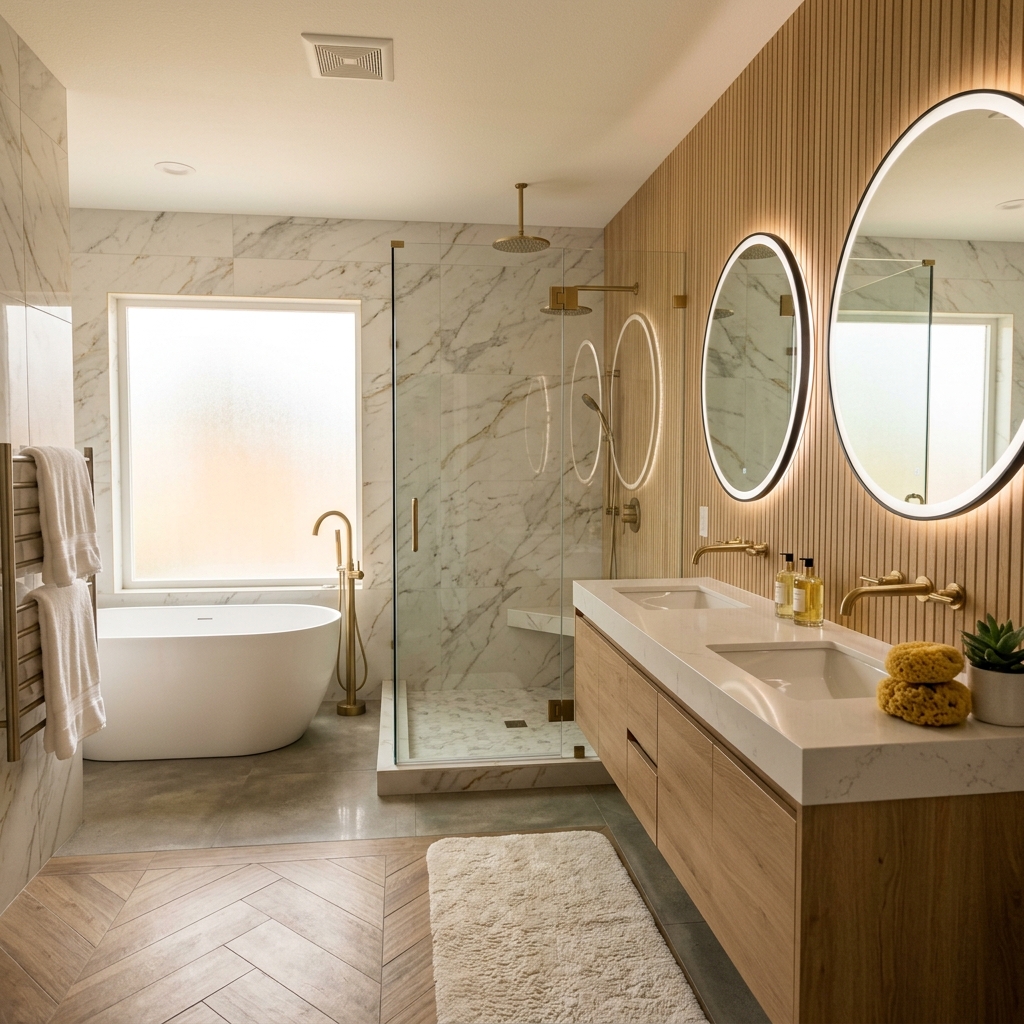 Modern organic bathroom design featuring a light wood fluted accent wall, LED backlit circular mirrors, and gold plumbing fixtures.