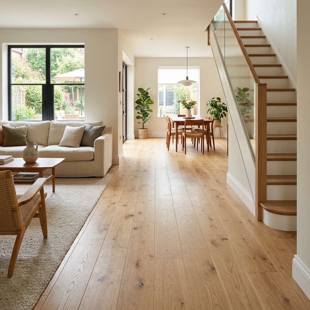 Minimalist home interior with neutral tones, mid-century modern furniture, and indoor plants in a bright, airy living space.