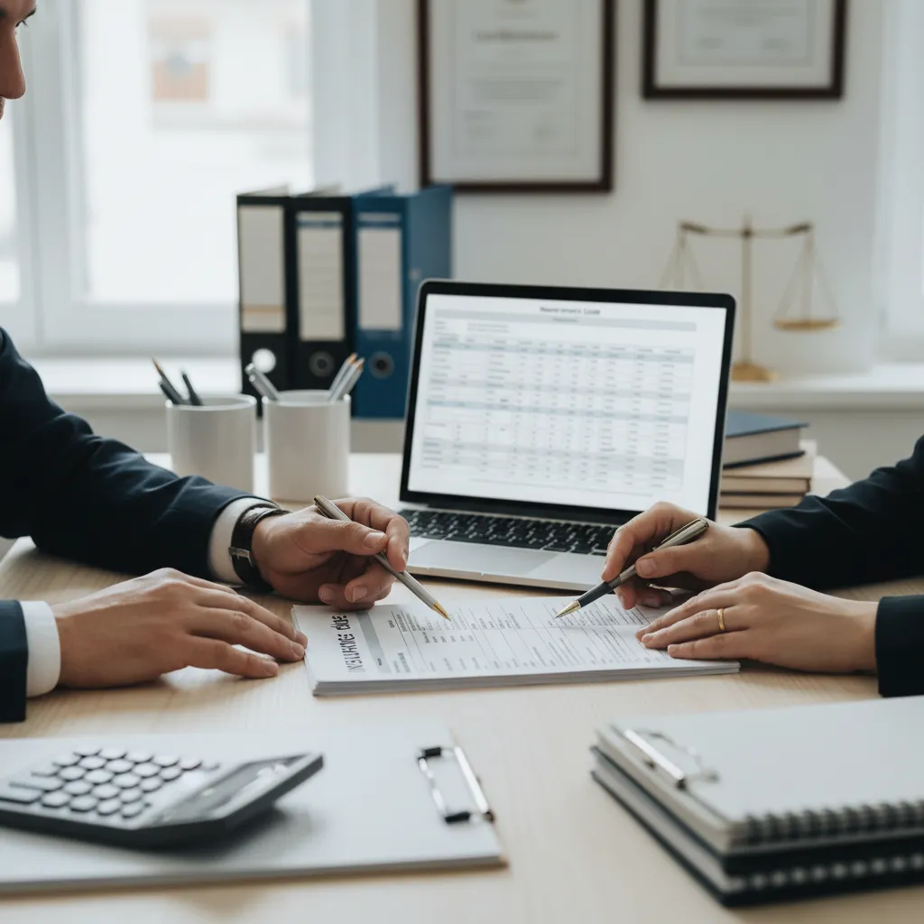 Two legal professionals at The Mitchell Law Firm meticulously reviewing an insurance claim document and data on a laptop, providing expert litigation for Florida insurance disputes.