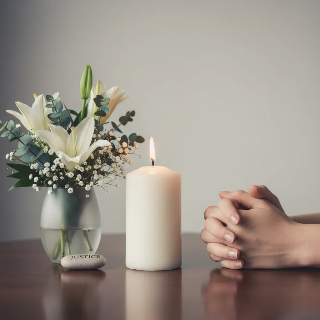 A memorial setting with a lit candle, white lilies, and a stone engraved with 'Justice,' representing the wrongful death legal services provided by The Mitchell Law Firm in Florida