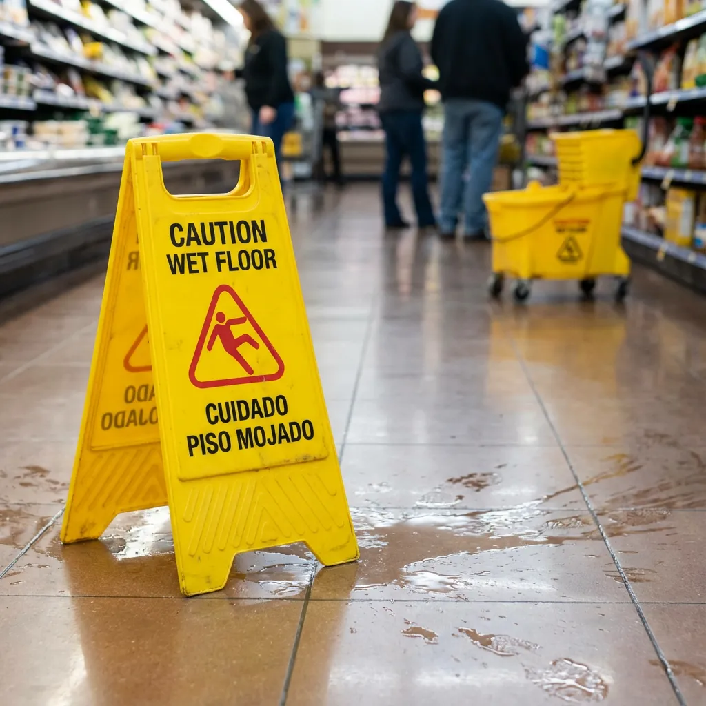 A 'Caution Wet Floor' sign in a supermarket aisle with spilled liquid, representing premises liability and retail negligence cases handled by The Mitchell Law Firm in Florida.