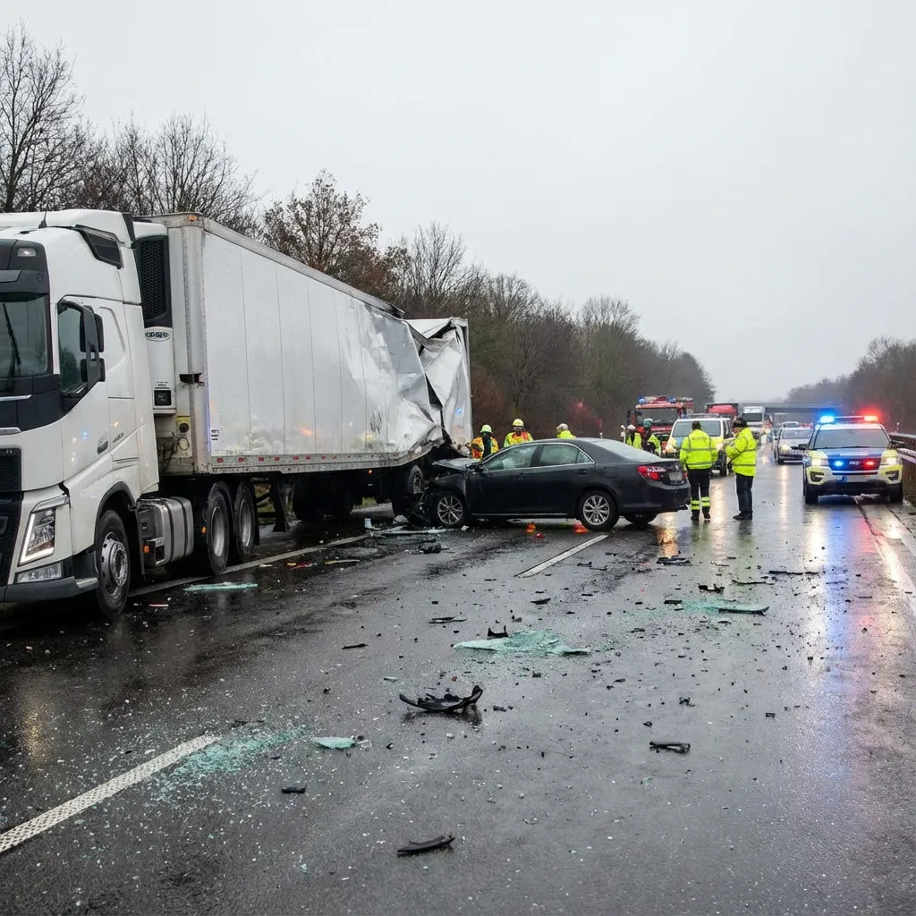 A major semi-truck and passenger vehicle collision on a Florida highway with police on the scene; The Mitchell Law Firm provides expert litigation for complex trucking accident claims.