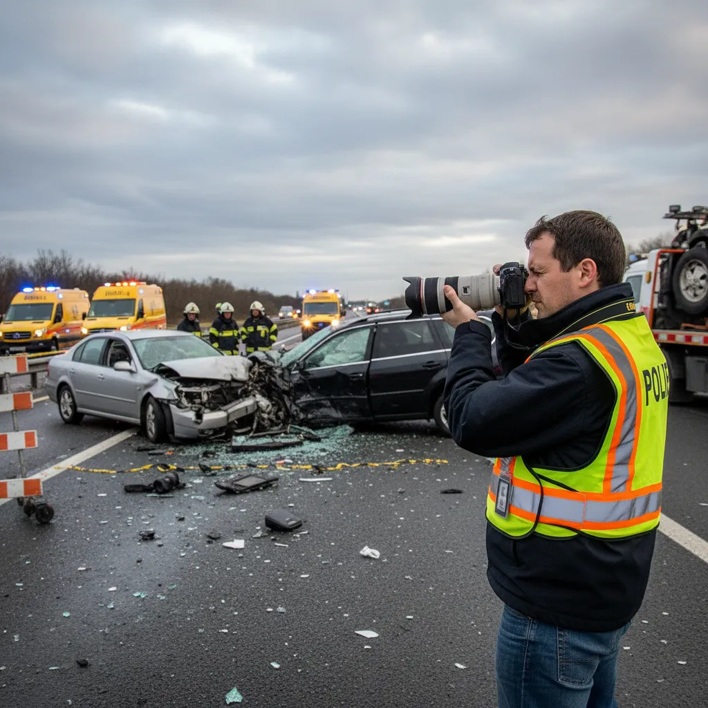 A professional investigator photographing a multi-vehicle crash scene in Florida, showcasing the meticulous evidence collection provided by The Mitchell Law Firm.