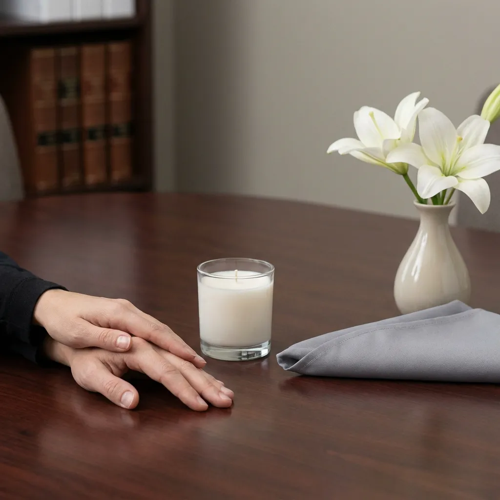 A memorial setting with clasped hands, a white candle, and lilies in a law office; The Mitchell Law Firm provides compassionate legal advocacy for Florida wrongful death claims.