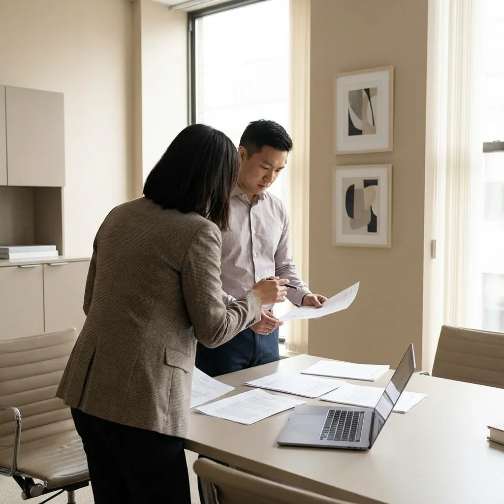 Two legal professionals at The Mitchell Law Firm reviewing insurance policy data and claim documents in a modern office, representing the meticulous approach to insurance litigation in Florida.