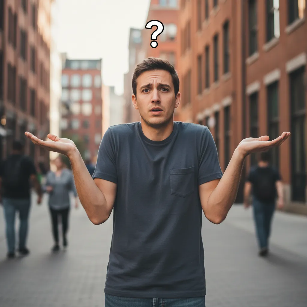 A man looking confused in a public city setting with a question mark above his head, representing the reputational uncertainty and harm addressed by The Mitchell Law Firm's defamation attorneys.