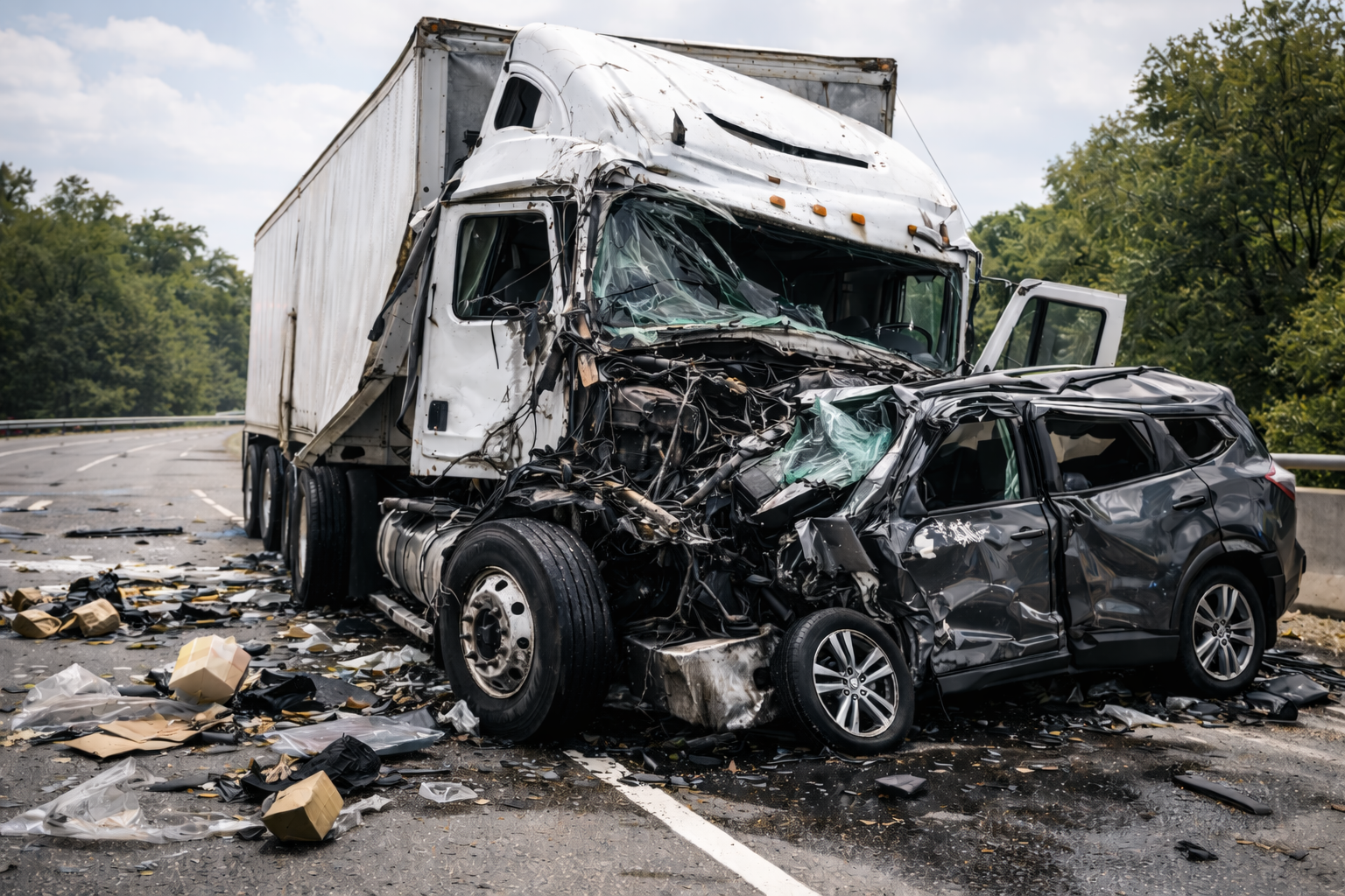 A severe collision between a commercial semi-truck and a passenger vehicle on a Florida highway, demonstrating the complex trucking accident cases litigated by Board Certified Specialist Joe Mitchell III.