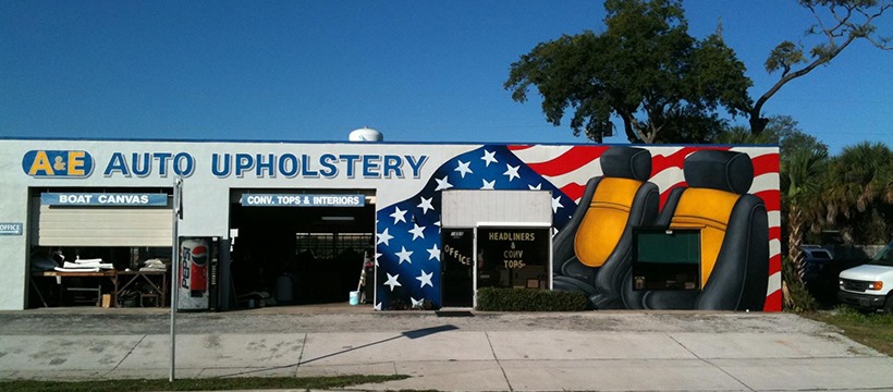 A&E Auto Upholstery shop entrance, providing expert boat and vehicle interior restoration to residents of Rockledge and throughout Brevard County since 1962.