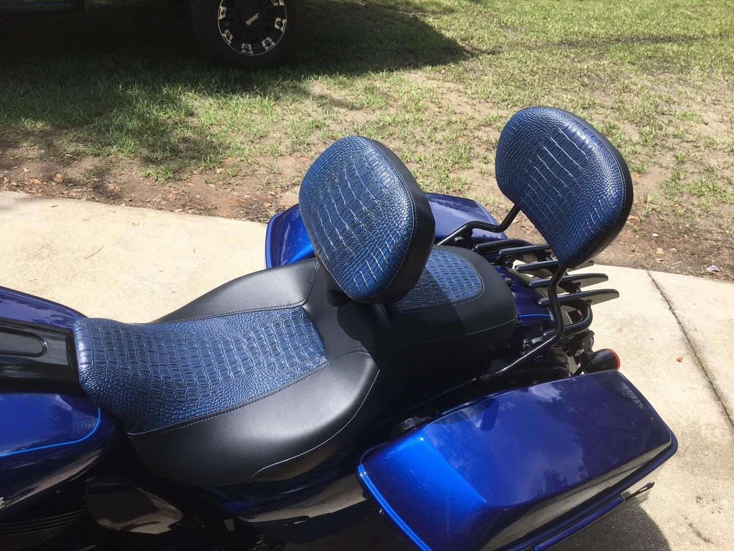 Custom blue alligator-embossed and black leather touring seat with matching backrests, professionally upholstered for a cruiser by AE Auto Upholstery in Melbourne, Florida.