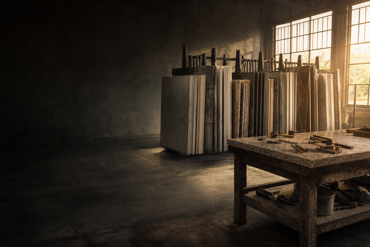 Stone fabrication workshop with granite and quartz slabs and a craftsman's workbench