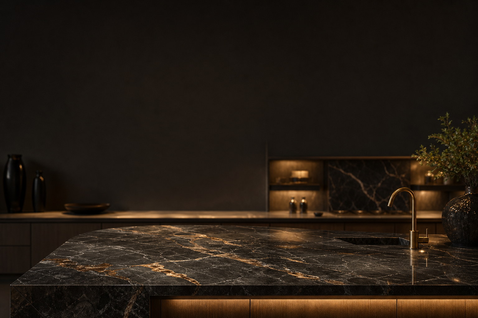 Luxurious modern kitchen with a polished stone island countertop