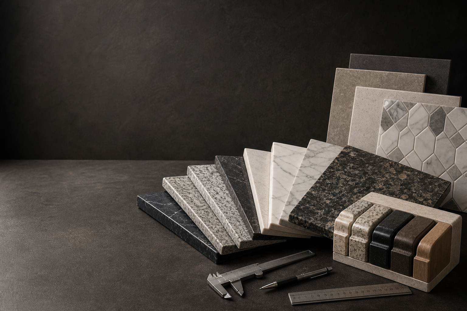 Premium countertop material samples fanned out on a workbench