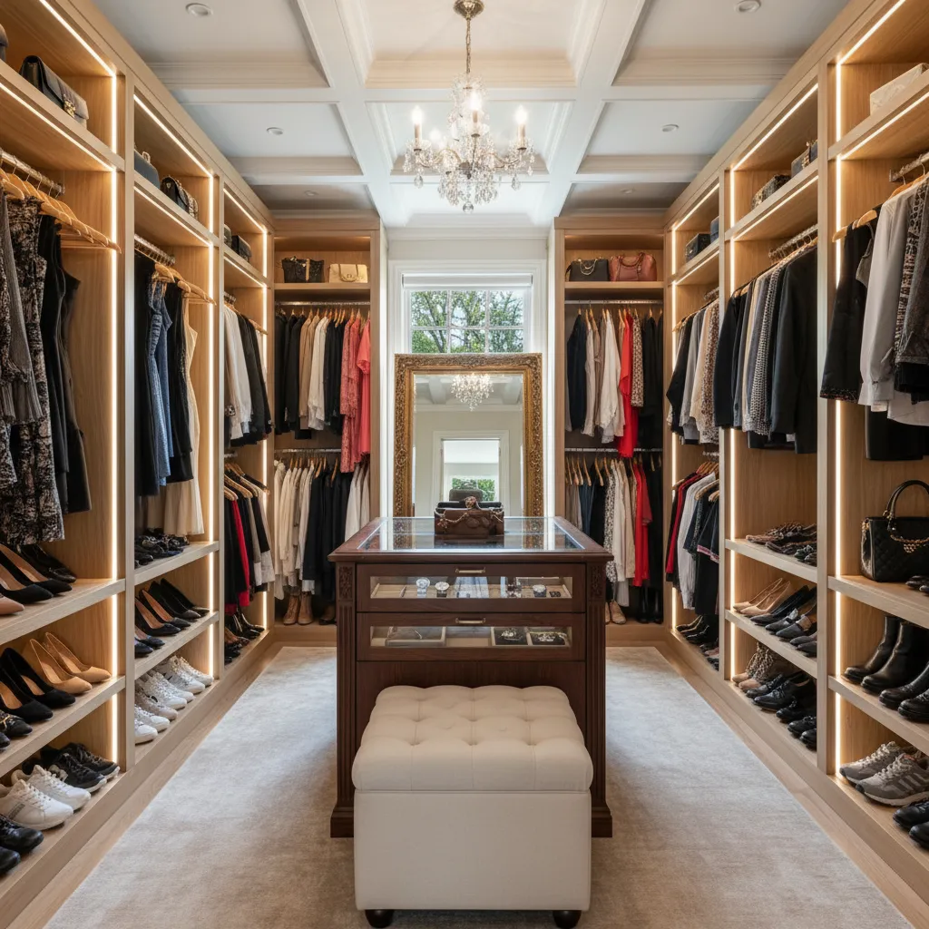 Luxury custom walk-in closet featuring light wood cabinetry with built-in LED shelving, a center island with jewelry storage, and a chandelier.