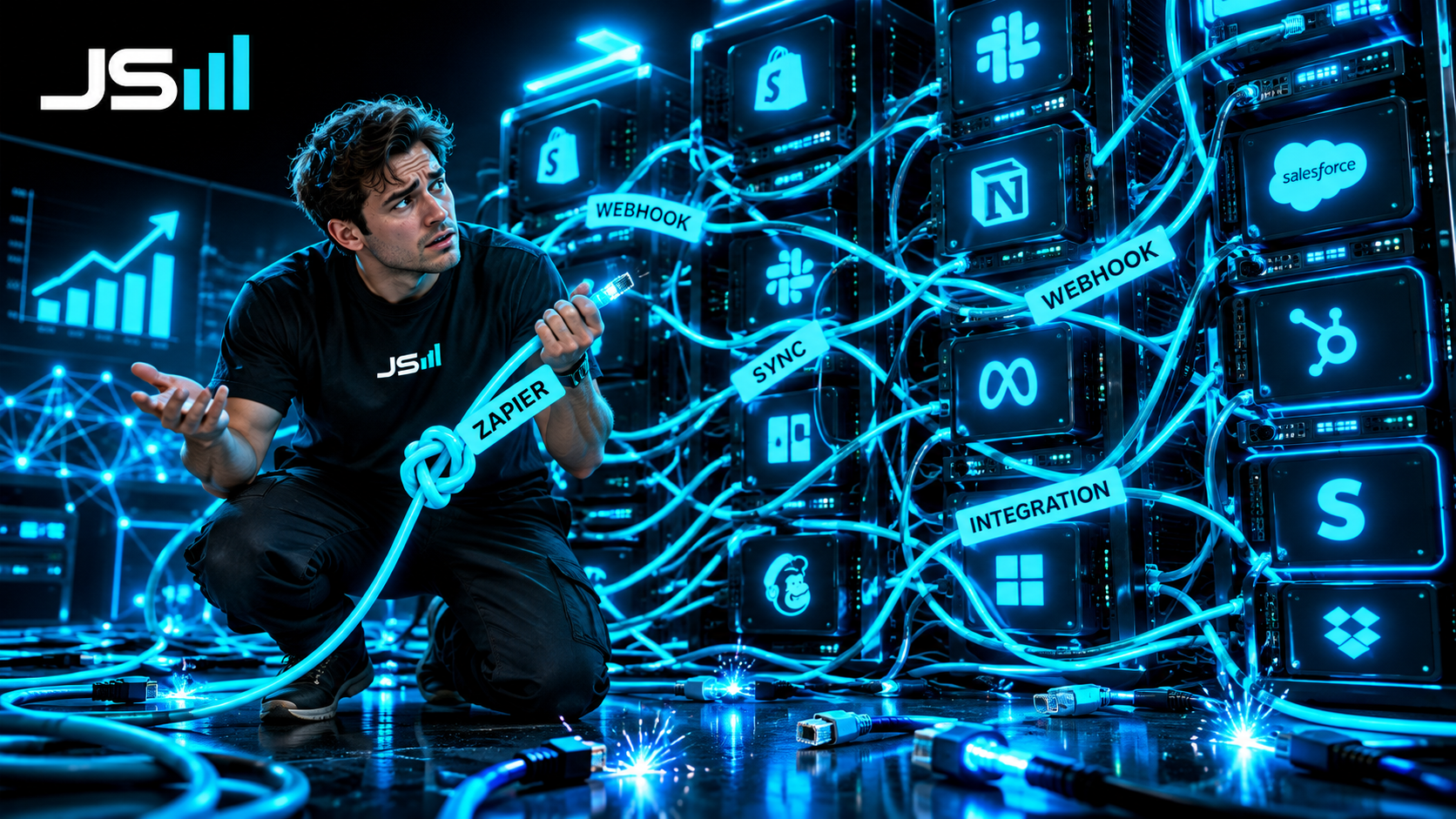 A server room with dozens of app boxes connected by a hopeless tangle of glowing cables labeled webhook, sync and integration, several unplugged and sparking
