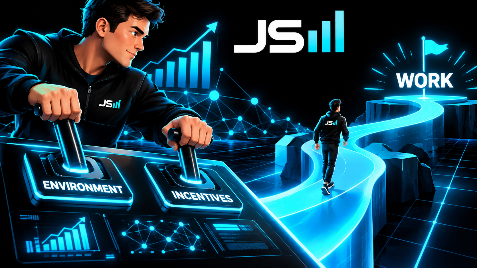An engineer at a control panel adjusting levers labeled environment and incentives, reshaping the path a small figure of himself is walking toward the work