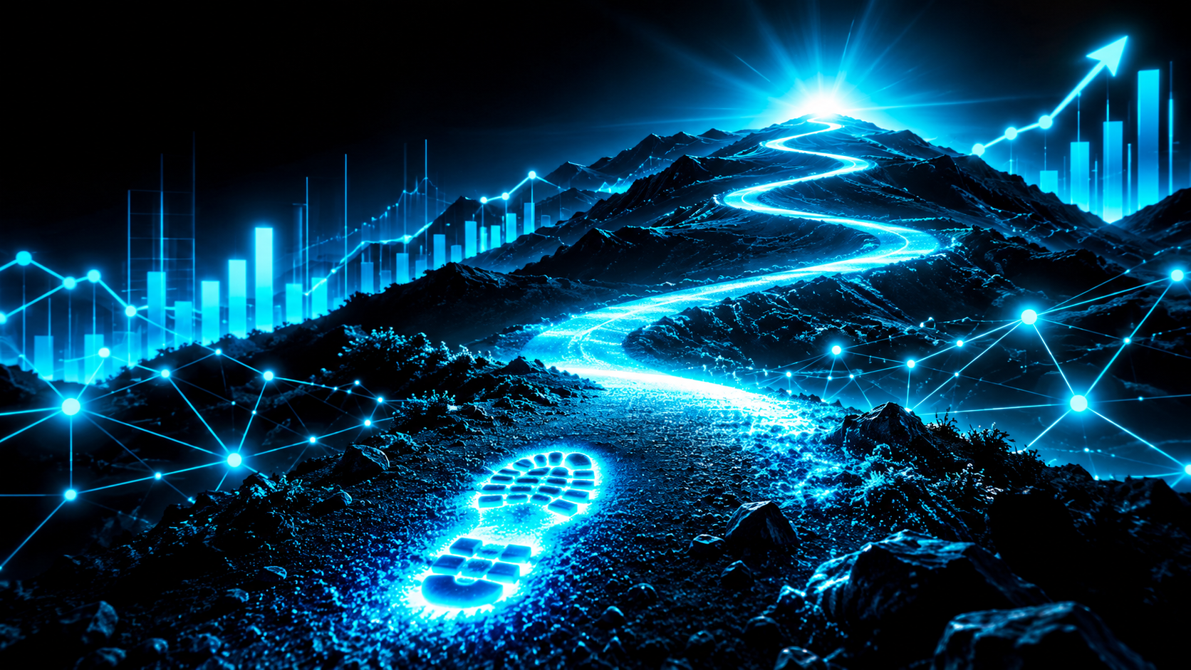 A single footprint at the start of a long winding path stretching into the distance over hills, the far end glowing