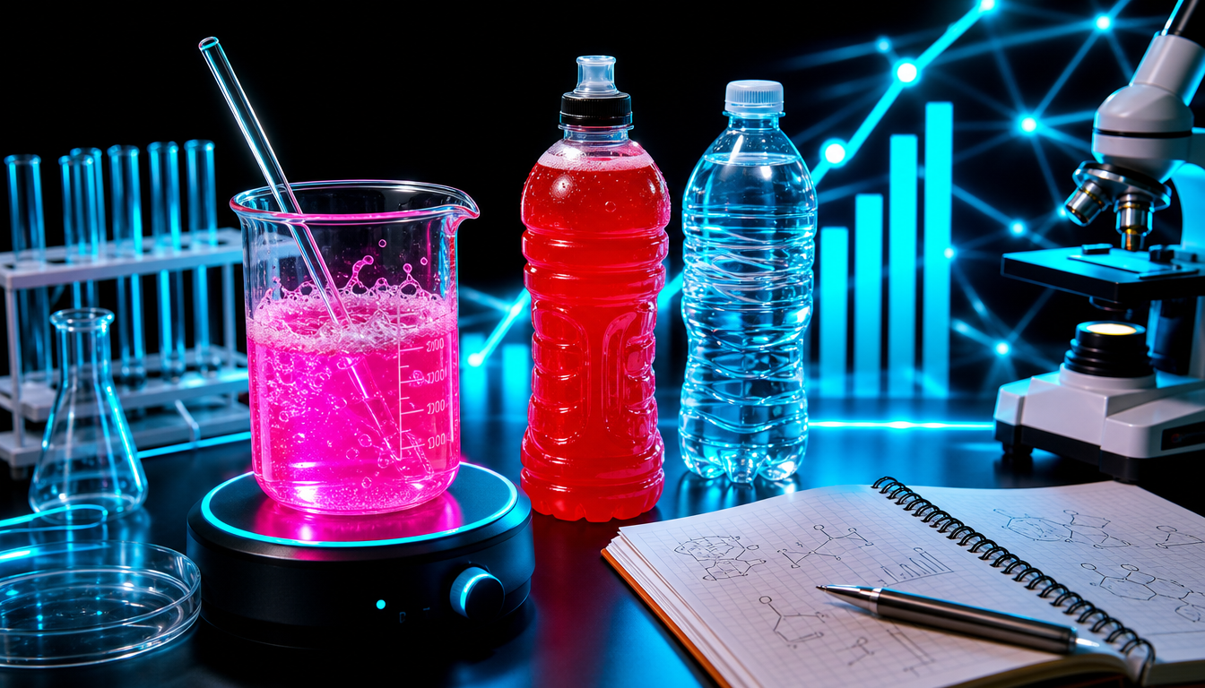 A chemistry lab bench with a beaker of suspiciously pink liquid next to a bottle of red sports drink and a water bottle, lab notebook open