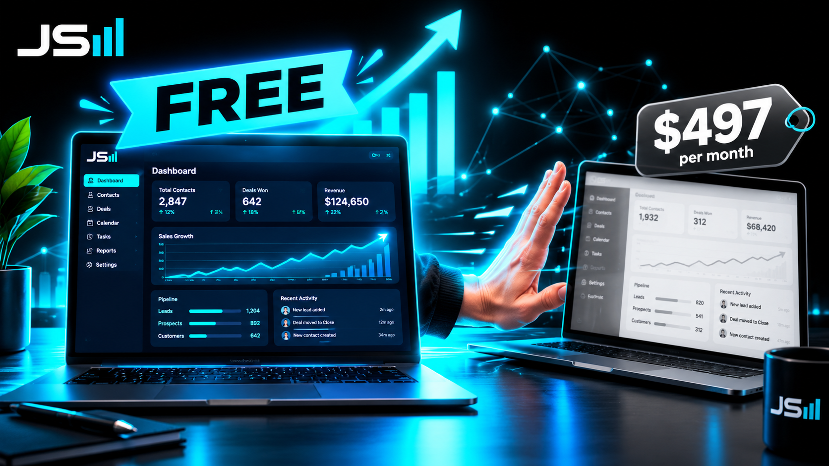 A free CRM dashboard on a laptop with a big free ribbon next to a competitor's dashboard with a $497 a month price tag, a hand pushing the expensive one away